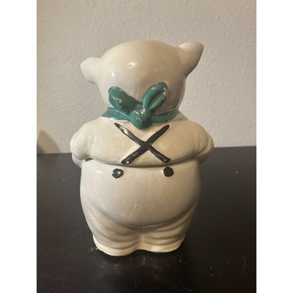 Vintage 1940s Shawnee Pottery Smiley Pig Cookie Jar Blue-Green Bandana - Picture 3 of 7